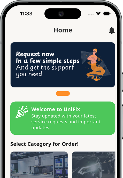 UniFix app home screen showing available maintenance services